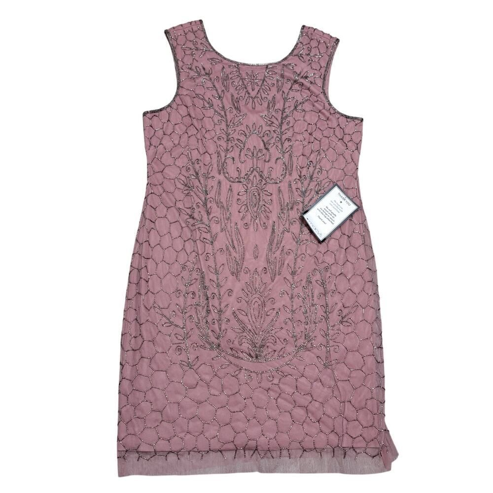Papell Studio Romantic Feminine Beaded Party Short Dress Rose Size 18 NWT
